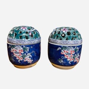 Vintage 2 Porcelain Chinoiserie Flower Frog Vase. Hand-painted Floral Greenery